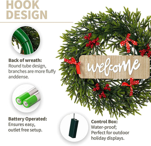 Christmas Wreath with Red Bow and LED Lights, 20 inch Christmas Weaths for Front Door with Welcome Sign, Xmas Wreath for Holiday Christmas Party Decorations