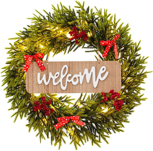 Christmas Wreath with Red Bow and LED Lights, 20 inch Christmas Weaths for Front Door with Welcome Sign, Xmas Wreath for Holiday Christmas Party Decorations