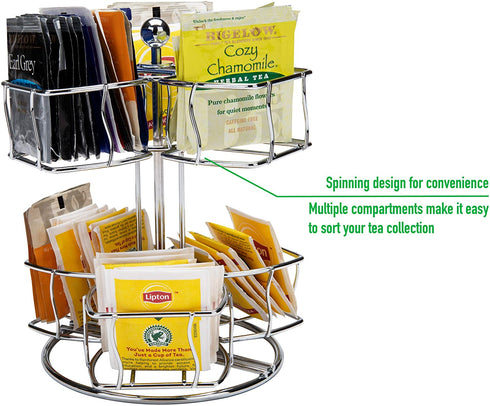 Mind Reader Tea Bag Carousel, Wire Holder, Rotating Organizer, Lazy Susan, Holds up to 60, 7 x 7 x 8.5 inches, Silver