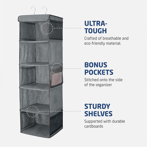 Zober 5 Shelf Hanging Closet Organizer Space Saver, Roomy Breathable Hanging Shelves With (6) Side Accessories Pockets, And 2 Sturdy Hooks, For Clothes Storage, And Shoes, Etc. 12 x 11 ½ x 42 In, Gray