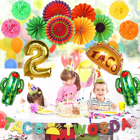 Ayamuba Taco Twosday Birthday Party Decorations - 2nd Fiesta Birthday Party with Fiesta Paper Fans, Taco Twosday Banner for 2nd Birthday Cinco De Mayo Mexican Fiesta Party Supplies