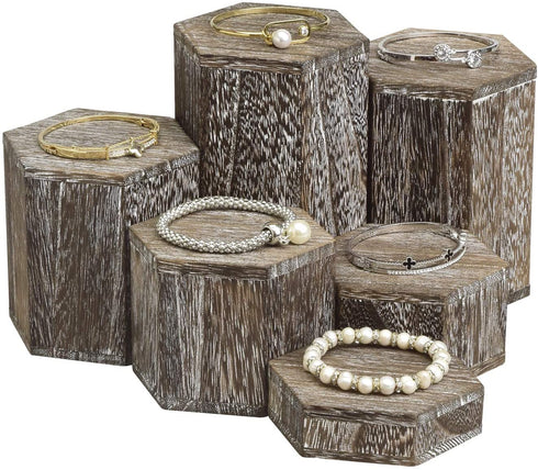 Mooca Wooden 6 Pcs Hexagon Risers for Display Jewelry and Accessories Display Stand, Wooden Display Risers, Wood Jewelry Risers Wood Figurine Display Risers, Coffee