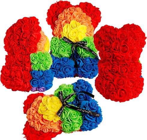 Rose Flower Bear,10 inch Artificial Rose Love Romantic for Christmas, Graduation, Valentine's Day, Mother's Day, Anniversary, Birthday, Wedding Gift (Rainbow)