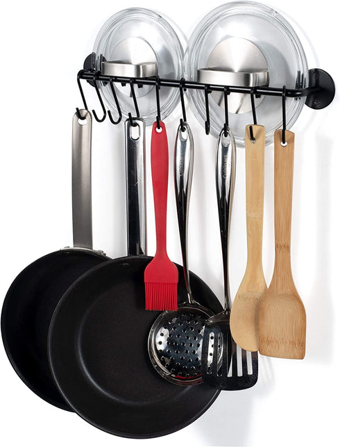 Wallniture Cucina 16" Wall Mount Kitchen Organization and Storage Rail with 10 S Hooks for Hanging Pots and Pans Set and Lid Organizer, Black
