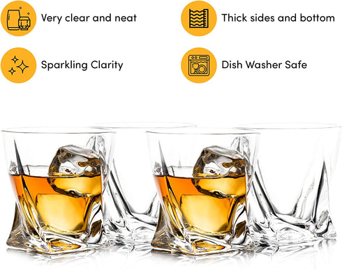 Trinkware Hampton Whiskey Glasses Set of 4 - Double Old Fashion Glasses Lead-free Dishwasher Safe Glassware For Scotch Bourbon Malt Vodka Beer - Large 10 oz Capacity