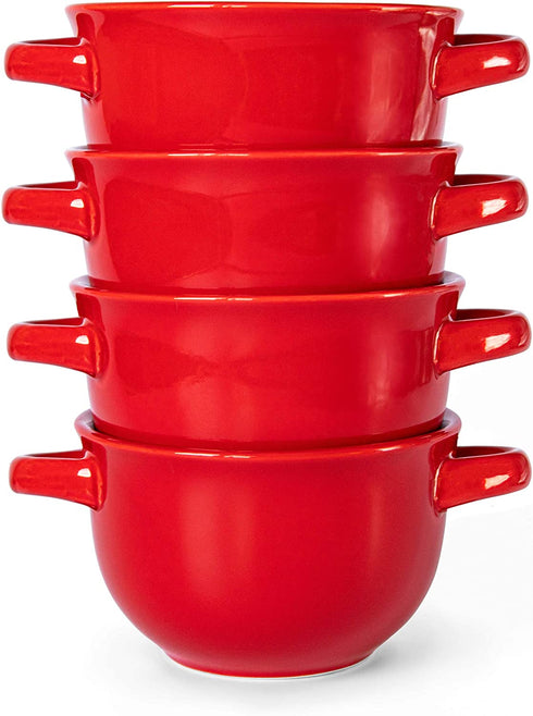 Kook French Onion Soup Crocks with Handles, Ceramic Bowls, for Rice, Dessert, Pasta, Dishwasher, Microwave, Oven & Broil Safe, Set of 4, 18 oz, (Red)