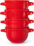 Kook French Onion Soup Crocks with Handles, Ceramic Bowls, for Rice, Dessert, Pasta, Dishwasher, Microwave, Oven & Broil Safe, Set of 4, 18 oz, (Red)