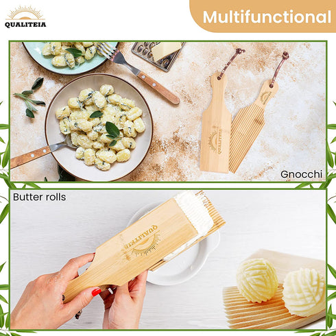 Gnocchi Board Set for Rolling Dough - 2 Pcs Paddles 2 Pcs Rollers 1 Pc Cutter - Bamboo Authentic Pasta Shaper Tools Butter Maker - Garganelli Cavatelli Tortellini Cavarola Roller - Great Cutlery Gift