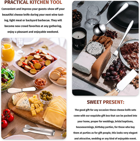 20 Pcs Spreader Knife Set Cheese Butter Spreader Knife Cheese Slicer Knife Stainless Steel Blade with Porcelain and Wooden Handles Mini Serving Tongs Spoons and Forks for Christmas (Bright Style)