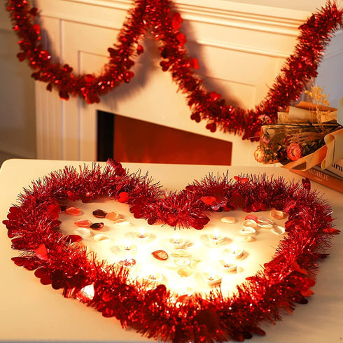 Valentines Day Red Heart Tinsel Garland, 39.3 ft Valentines Decor, Red Shiny Garland, Hanging Metallic Tinsel Ornaments, Valentines Day Decorations for Tree Wreath Wedding Party Decoration Supplies