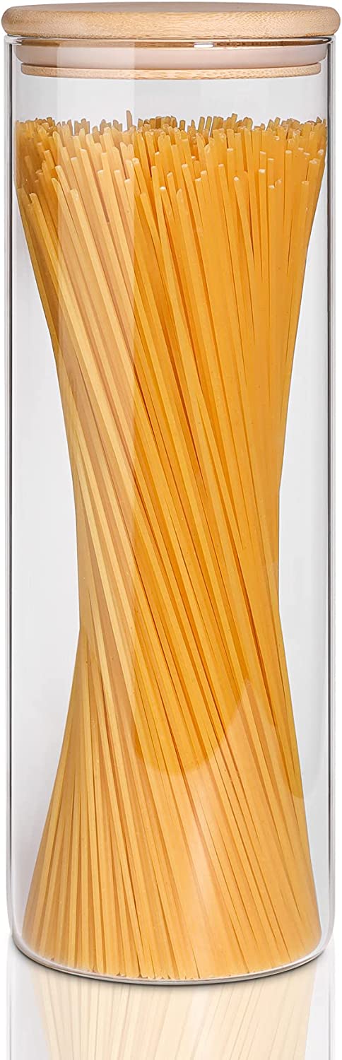ComSaf Glass Spaghetti Pasta Storage Container with Lids 74oz, Tall Clear Airtight Food Storage Jar with Bamboo Cover Kitchen Pantry Storage Container for Noodles Flour Cereal Coffee Beans