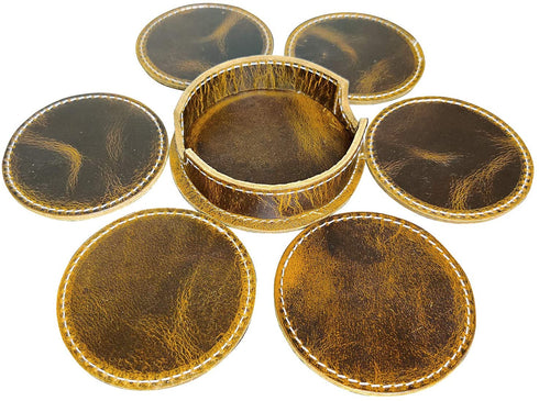 Rustic Town Leather Coasters for Drinks - Cup Coasters Coffee Table Kitchen Table Bar, Home & Office Gifts Handmade Drink Coasters