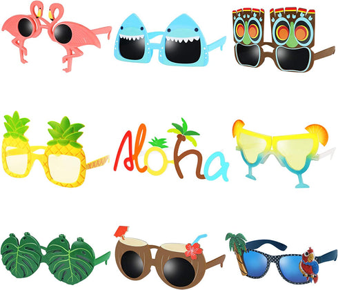 Luau Party Sunglasses - 9 Pairs Funny Hawaiian Glasses, Tropical Fancy Dress Props, Fun Summer Kids Party Favors, Beach Themed Party Supplies Decoration
