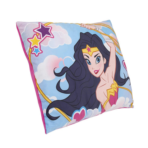 Everything Kids Wonder Woman Blue, Pink, & White Clouds & Hearts Plush Decorative Toddler Throw Pillow, Blue, Pink, Yellow, White
