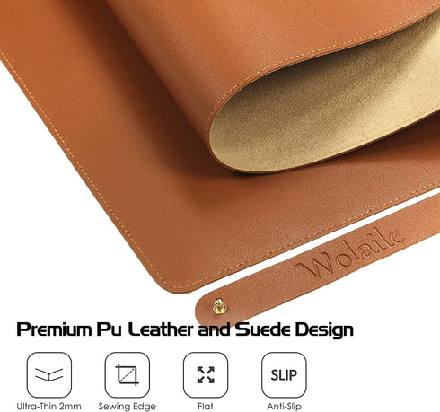 Desk Pad Blotter,Wolaile 36x17 inch Large Leather Mouse Pad,Waterproof Non-Slip Writing Desktop Protector Mat,Office Desk Accessory Decor,Brown