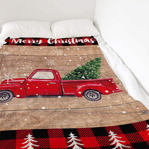 Red Truck with Christmas Tree Flannel Blankets Snowflake Wood Grain Throw Blankets Soft Lightweight Bed Blanket Cozy Microfiber Blanket for Sofa Couch Home Decor 40x50inch