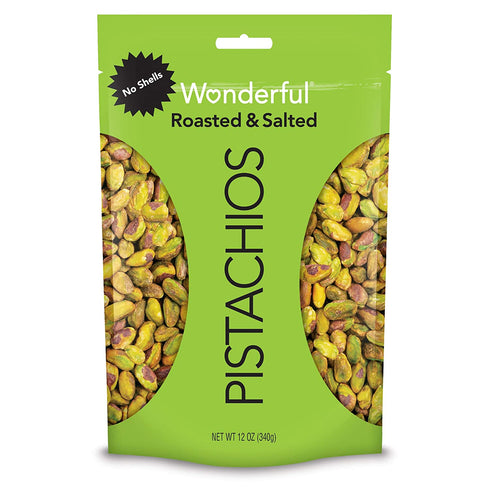 Wonderful Pistachios, No Shells, Roasted and Salted Nuts, 12 Ounce Resealable Bag, Good Source of Protein, Gluten Free, On-the Go-Snack