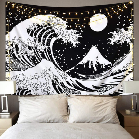 Japanese Wave Tapestry,Kanagawa Great Wave Wall Tapestry, Wave Tapestry with Sun Tapestries, Black and White Tapestry for Room