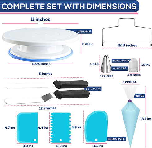 RFAQK 35PCs Cake Turntable and Leveler-Rotating Cake Stand with Non Slip pad-7 Icing Tips and 20 Bags- Straight & Offset Spatula-3 Scraper Set -EBook-Cake Decorating Supplies Kit -Baking Tools