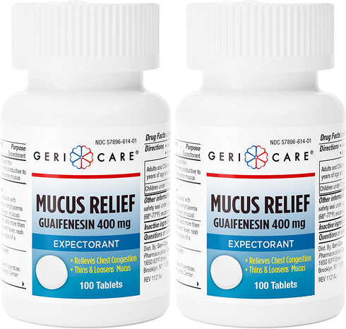 Mucus Relief Tablets by Geri-Care | Expectorant For Chest Congestion Relief | Guaifenesin 400mg | 100 Count Bottle | 2-Pack (Total 200)
