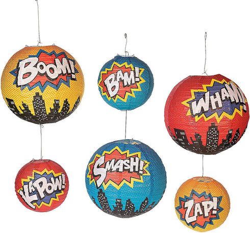 Superhero Hanging Paper Lanterns - Set of 6, Comes in 2 Sizes - Comic Birthday Party Decor