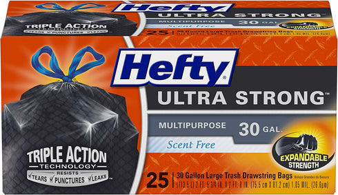 Hefty Ultra Strong Multipurpose Large Trash Bags, Black, Unscented, 30 Gallon, 25 Count