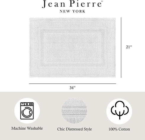 Jean Pierre Stonewash Racetrack Bath Rug | Cotton | Premium Bathroom Décor | Machine Washable | Highly Absorbent | Measures 21? x 34? | White\