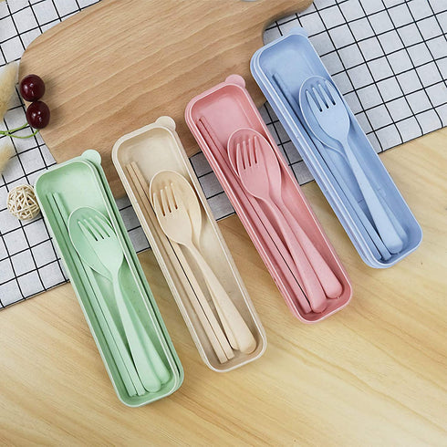Lnrkai Travel Utensil Set with Case, 4 Sets Wheat Straw Reusable Spoon Chopstick Forks Tableware, Eco Friendly Non-Toxin BPA Free Portable Cutlery for Kids Adult Travel Picnic Camping or Daily Use