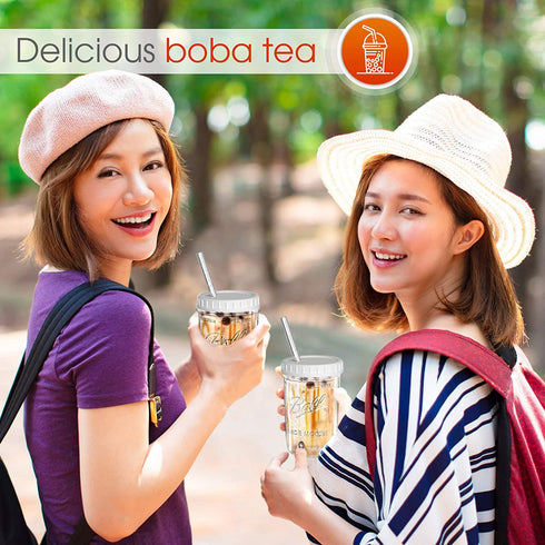 Reusable Wide Mouth Smoothie Cups Boba Tea Cups Bubble Tea Cups with Lids and Silver Straws Ball Mason Jars Glass Cups (2-pack, 16 oz mason jars) Brand Capsule Classic