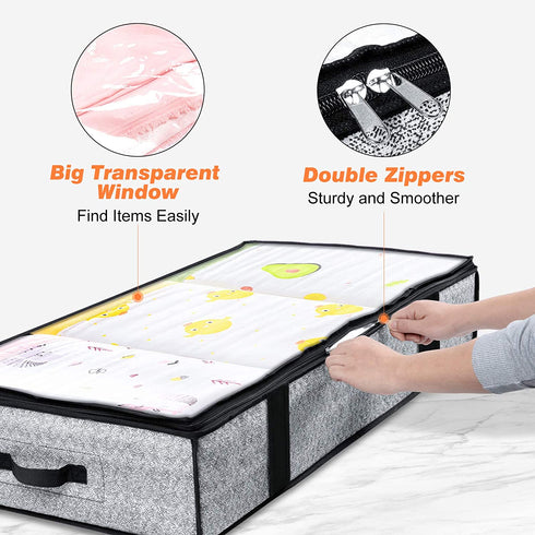 Under Bed Storage 90L Large Foldable Underbed Storage Bag with Clear Window,Dual Zipper,4 Reinforced Handles,Under The Bed Storage Bins for Comforters,Clothes,Quilts,2-Pack
