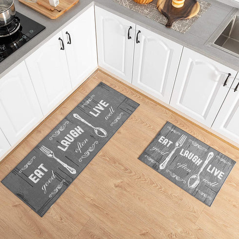 Carvapet 2 Piece Kitchen Rug Set Non-Slip Backing Mat Throw Rug for Kitchen Doormat Runner Rug Set, Motto Design, Grey (17"x48"+17"x24")