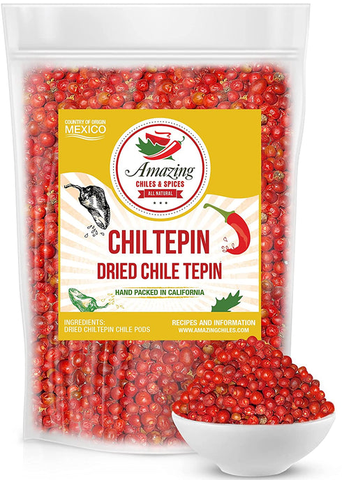 Dried Chiltepin Peppers (Chile Tepin) – 1oz Bag - Great For Use with Seafood, Sauces, Stews, Salsa, Meats. Very Hot with a Smoky Flavor. Air Tight Resealable Bag. By Amazing Chiles & Spices. (1 Ounce (Pack of 1))