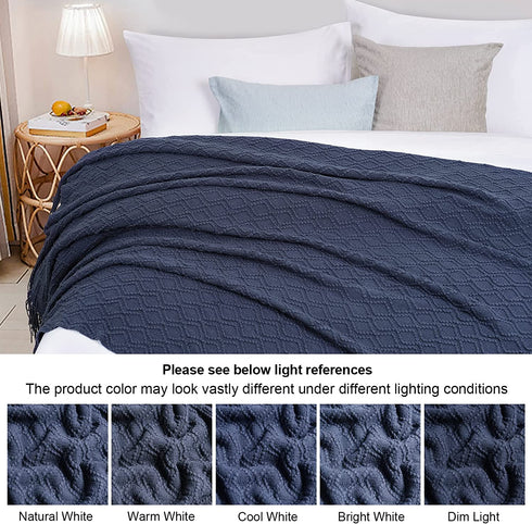 PHF Acrylic Knit Throw Blanket 50 x 60 inches, Lightweight Soft Cozy Decorative Woven Blanket with Tassels for Couch, Bed, Sofa, Chair, Home Travel, Suitable for All Seasons, Navy