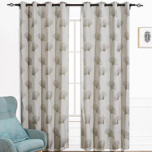 Thermal Insulated Curtains with Palm Leaves Pattern Darkening Grommets Drapes Linen Textured in Modern Jacquard Window Curtain for Living Room and Bedroom (2 Panels, W 52×L 96 Inches Length, Beige)