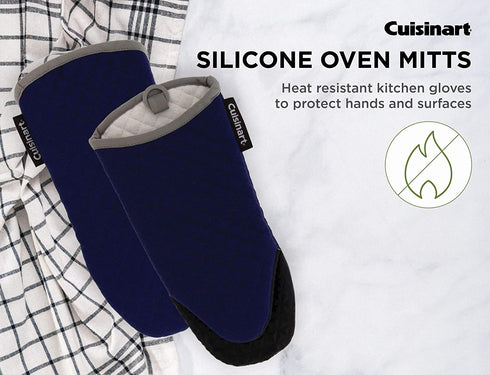 Cuisinart Silicone Oven Mitts, 2pk - Heat Resistant Quilted Oven Gloves to Safely Handle Hot Cookware - Soft Insulated Deep Pockets, Non-Slip Grip and Convenient Hanging Loop - Navy Aura