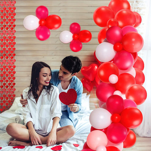 100 Pieces Red Pink White Balloons Garland Arch Valentines Decorations Balloons Set with 2 Pieces Heart Tinsel Fringe Curtains Party Supplies for Valentines Wedding Anniversary Engagement Party