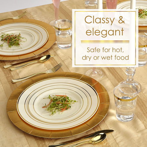 Silver Spoons Modern Elegant Disposable DINNERWARE Set | Heavy Duty Plastic Dishes | Chargers | Dinner Salad Plates | for Upscale Wedding and Dining | Golden Glare Collection, 20 Servings, Ivory/Gold
