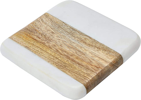 Creative Co-Op Marble & Acacia Wood, White & Natural, Set of 4 Coaster, 4"