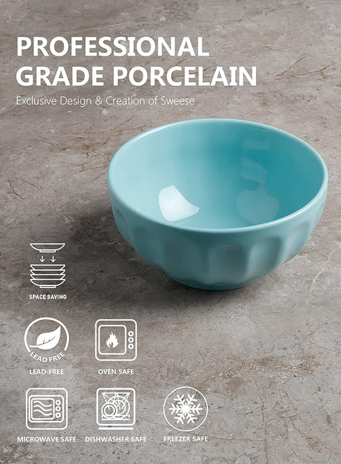 Sweese 130.402 Porcelain Fluted Bowls - 42 Ounce for Salad, Fruits and Popcorn - Set of 4, Turquoise