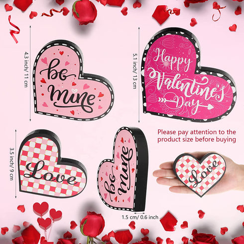 3 Pieces Valentine's Day Heart Wood Sign Reversible Heart Tray Decor Love Heart Shape Home Decor Double Side Printed Freestanding Table Decorations for Valentines Day Wedding Party (Lovely Style)