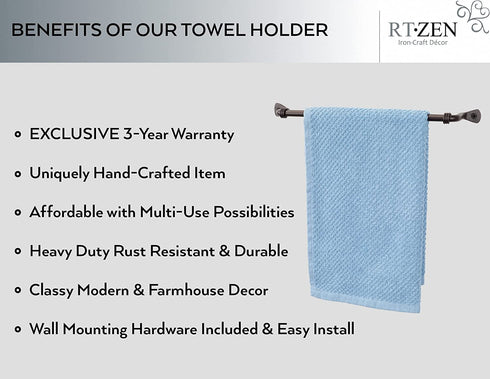 RTZEN Elegant Bathroom Hand Towel Holder - Fancy Wrought Iron Kitchen Towel Bar Wall Mount Rod - Matte Black Towel Hanger for Home Kitchen or Office - 13" Rack Fits 10" Hand Towels (Small)