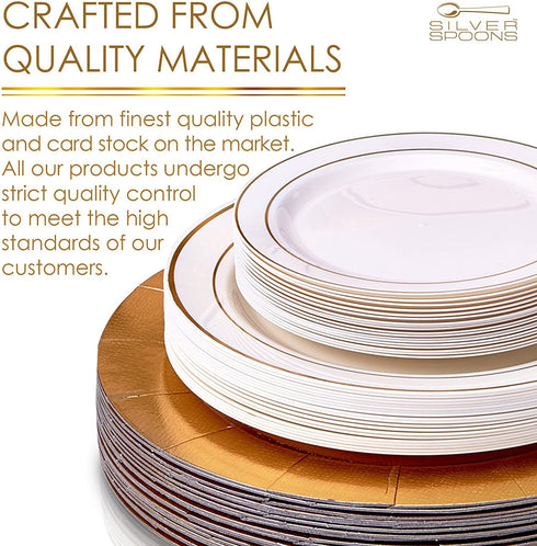 Silver Spoons Modern Elegant Disposable DINNERWARE Set | Heavy Duty Plastic Dishes | Chargers | Dinner Salad Plates | for Upscale Wedding and Dining | Golden Glare Collection, 20 Servings, Ivory/Gold