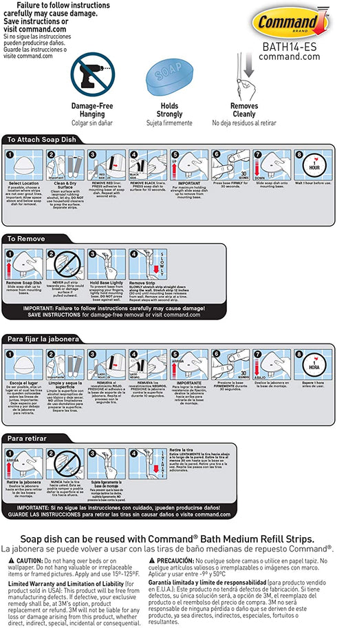Command Plastic, Holds Bath Soap Water-Resistant Adhesive, 2 lb Capacity, 1 Dish, 2 Strips, BATH14-ES, Clear Frosted