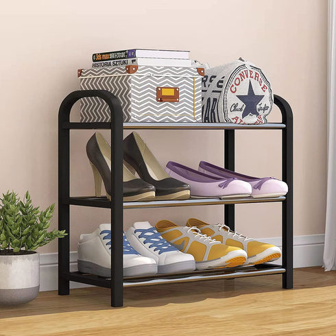 Small Shoe Rack?3-Tier Shoes Shelf Storage Multifunctional Lightweight Organizer Sturdy Metal Stackable Stand Footwear for Closet Living Room Bedroom bathroom(3 Tier Black Shoe Rack)