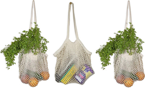 Organic Cotton Mesh Tote Bags Reusable Mesh Grocery Bags - Reusable Shopping Bags for Groceries - French Market Bag - Fish Net Farmers Market Bag - Mesh Produce, Vegetable & Grocery Bags (3 Bags)
