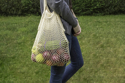Organic Cotton Mesh Tote Bags Reusable Mesh Grocery Bags - Reusable Shopping Bags for Groceries - French Market Bag - Fish Net Farmers Market Bag - Mesh Produce, Vegetable & Grocery Bags (3 Bags)