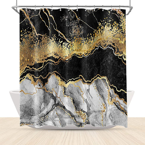 Black Gold Marble Shower Curtains for Bathroom Abstract Golden Cracked Lines Modern Luxury Geode Shower Curtain Waterproof Fabric 72x72 Inch with Hooks