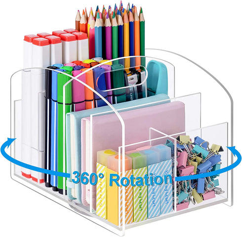 Marbrasse Acrylic Pen Holder, 360-degree Rotating Clear Pen Organizer for Desk, Desktop Stationery Organizer Caddy for Office School Home & Art Supplies (Acrylic Rectangle)