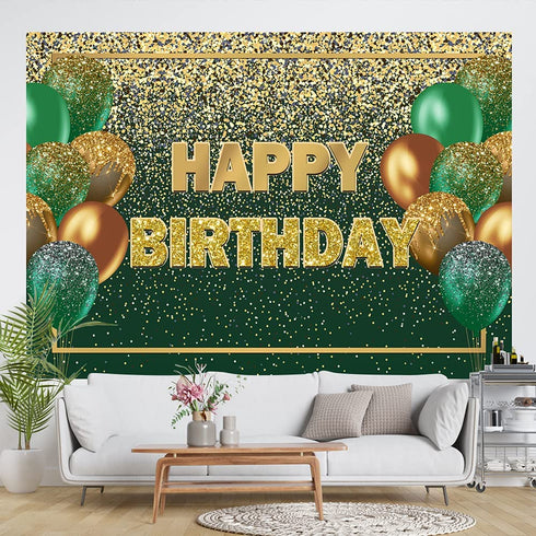 Ticuenicoa 7—5ft Glitter Green Gold Birthday Backdrop Gold Green Bokeh Balloons Women Men Happy Birthday Banner Decorations 30th 40th 50th 60th Birthday Party Photography Background Photo Props