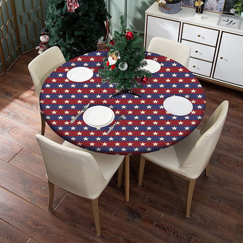 ousente American Flag Fitted Tablecloths, Elastic Edged Polyester Backed Table Cover for 28' Round Tables, Waterproof Wipeable Patriotic Star Cloth 4th of July Holiday Decoration, Red Blue White